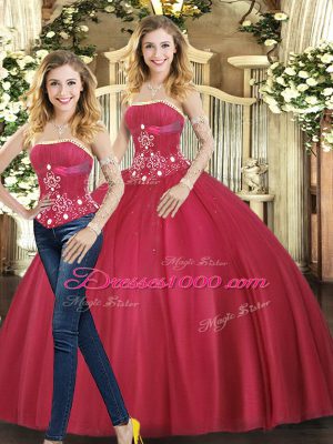 Shining Red Strapless Lace Up Beading Ball Gown Prom Dress Sleeveless