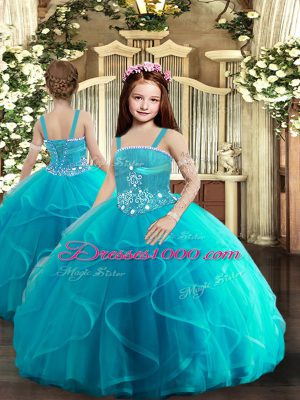 Tulle Straps Sleeveless Lace Up Beading and Ruffles Kids Pageant Dress in Baby Blue