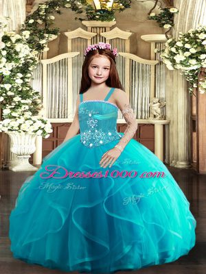 Tulle Straps Sleeveless Lace Up Beading and Ruffles Kids Pageant Dress in Baby Blue