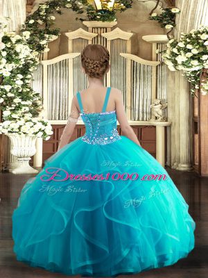 Tulle Straps Sleeveless Lace Up Beading and Ruffles Kids Pageant Dress in Baby Blue
