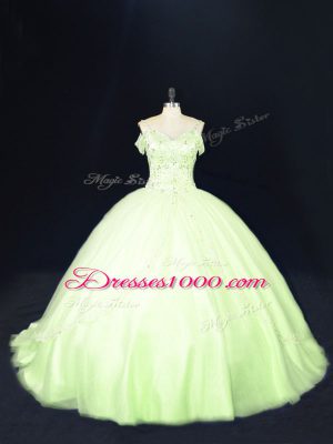 Ball Gowns Sleeveless Yellow Green Quinceanera Dress Court Train Lace Up
