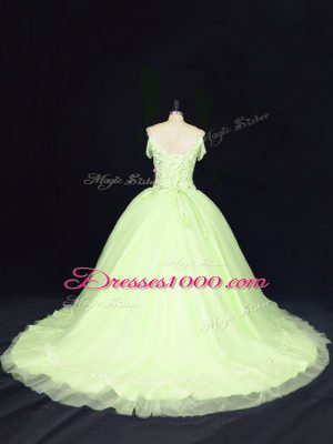Ball Gowns Sleeveless Yellow Green Quinceanera Dress Court Train Lace Up