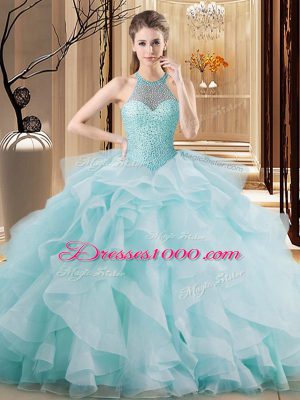Light Blue Ball Gowns Embroidery and Ruffles Sweet 16 Dresses Lace Up Organza Sleeveless