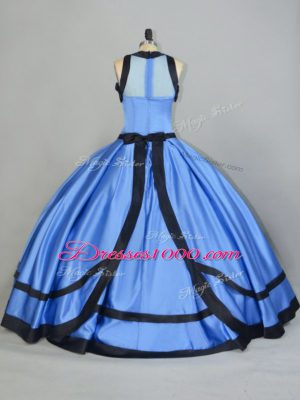 Comfortable Satin Scoop Sleeveless Lace Up Ruching Quinceanera Gown in Blue