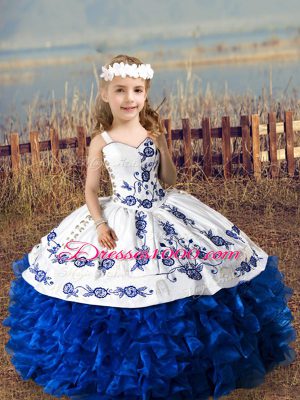 Sweetheart Sleeveless Quince Ball Gowns Floor Length Embroidery and Ruffles Blue And White Organza