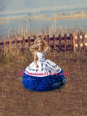 Sweetheart Sleeveless Quince Ball Gowns Floor Length Embroidery and Ruffles Blue And White Organza