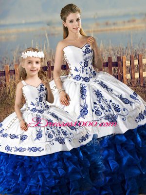 Sweetheart Sleeveless Quince Ball Gowns Floor Length Embroidery and Ruffles Blue And White Organza