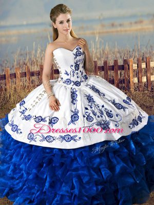 Sweetheart Sleeveless Quince Ball Gowns Floor Length Embroidery and Ruffles Blue And White Organza