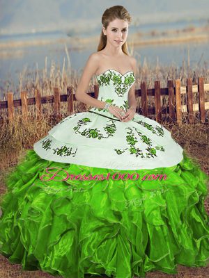 Cute Green Quinceanera Gown Military Ball and Sweet 16 and Quinceanera with Embroidery and Ruffles and Bowknot Sweetheart Sleeveless Lace Up