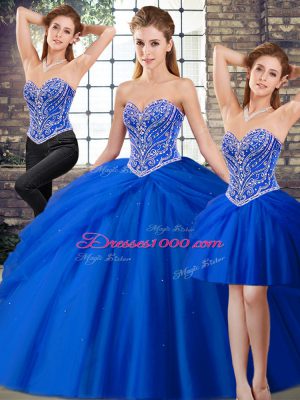 Royal Blue Three Pieces Sweetheart Sleeveless Tulle Brush Train Lace Up Beading and Pick Ups Quinceanera Dress