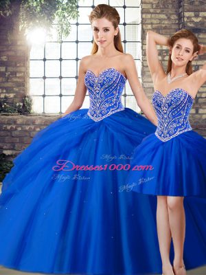 Royal Blue Three Pieces Sweetheart Sleeveless Tulle Brush Train Lace Up Beading and Pick Ups Quinceanera Dress