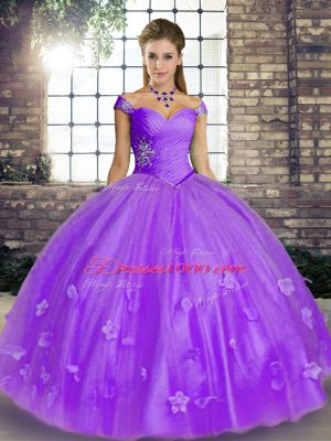 Pretty Lavender Ball Gowns Beading and Appliques Sweet 16 Dresses Lace Up Tulle Sleeveless Floor Length