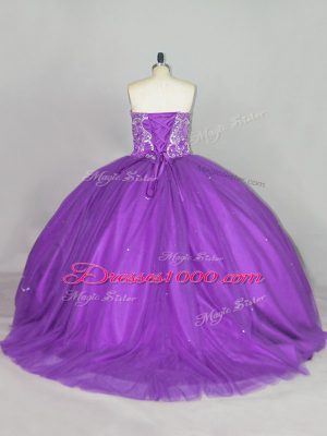 Trendy Beading and Sequins Quinceanera Gown Purple Lace Up Sleeveless Brush Train
