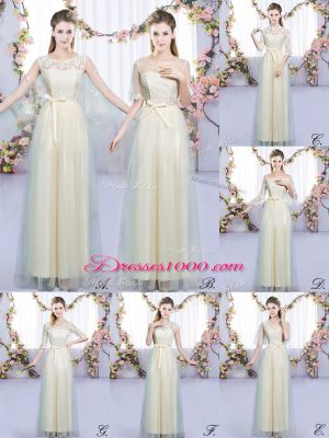 Champagne Empire Lace and Bowknot Vestidos de Damas Lace Up Tulle Sleeveless Floor Length
