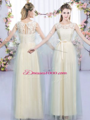 Champagne Empire Lace and Bowknot Vestidos de Damas Lace Up Tulle Sleeveless Floor Length