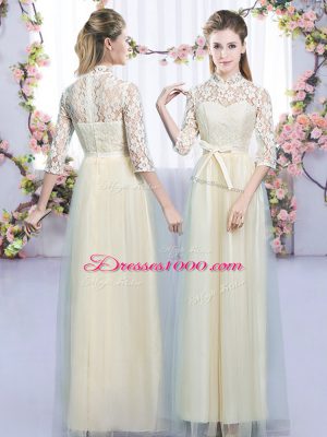 Champagne Empire Lace and Bowknot Vestidos de Damas Lace Up Tulle Sleeveless Floor Length