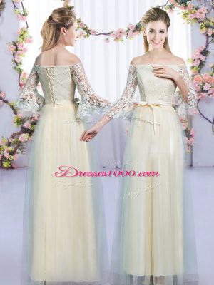 Champagne Empire Lace and Bowknot Vestidos de Damas Lace Up Tulle Sleeveless Floor Length