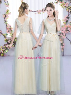 Champagne Empire Lace and Bowknot Vestidos de Damas Lace Up Tulle Sleeveless Floor Length