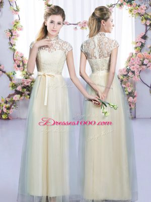 Champagne Empire Lace and Bowknot Vestidos de Damas Lace Up Tulle Sleeveless Floor Length