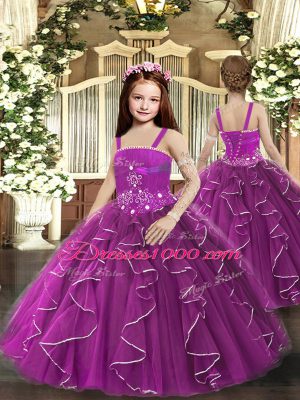 Stylish Purple Lace Up Straps Ruffles Child Pageant Dress Tulle Sleeveless