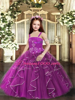 Stylish Purple Lace Up Straps Ruffles Child Pageant Dress Tulle Sleeveless