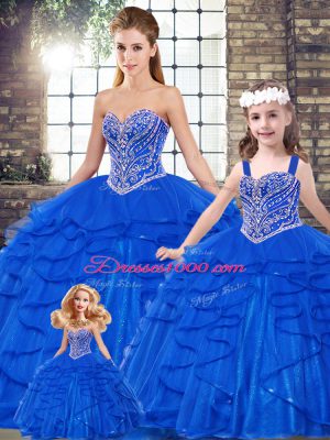 Attractive Royal Blue Lace Up Sweetheart Beading and Ruffles Quince Ball Gowns Tulle Sleeveless