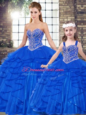 Attractive Royal Blue Lace Up Sweetheart Beading and Ruffles Quince Ball Gowns Tulle Sleeveless