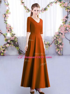 Enchanting Rust Red Satin Zipper Wedding Party Dress Half Sleeves Ankle Length Ruching