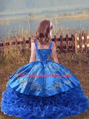 Beautiful Sleeveless Embroidery Lace Up Little Girls Pageant Dress Wholesale with Blue Sweep Train