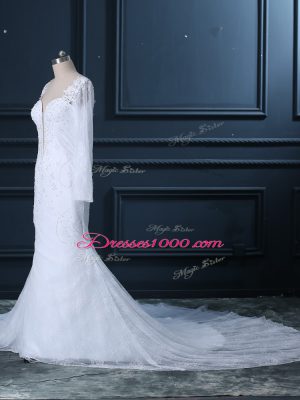 Attractive White Tulle and Lace Backless Sweetheart Long Sleeves Bridal Gown Court Train Beading and Lace