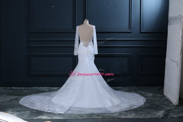 Attractive White Tulle and Lace Backless Sweetheart Long Sleeves Bridal Gown Court Train Beading and Lace