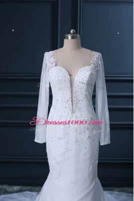 Attractive White Tulle and Lace Backless Sweetheart Long Sleeves Bridal Gown Court Train Beading and Lace