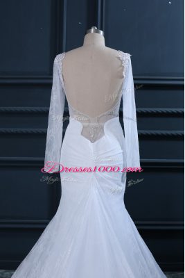 Attractive White Tulle and Lace Backless Sweetheart Long Sleeves Bridal Gown Court Train Beading and Lace