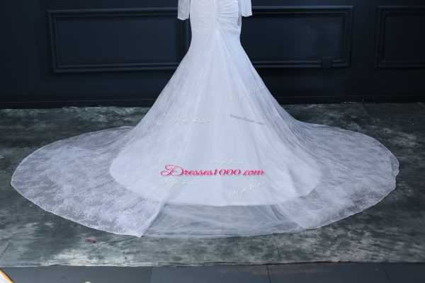 Attractive White Tulle and Lace Backless Sweetheart Long Sleeves Bridal Gown Court Train Beading and Lace