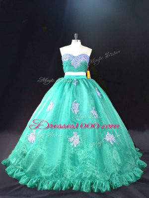 Turquoise Sleeveless Organza Zipper Quince Ball Gowns for Sweet 16 and Quinceanera