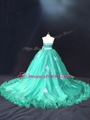 Turquoise Sleeveless Organza Zipper Quince Ball Gowns for Sweet 16 and Quinceanera