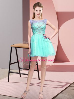 Deluxe Aqua Blue Zipper Prom Evening Gown Sleeveless Mini Length Beading