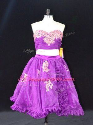 Designer Eggplant Purple Zipper Prom Gown Appliques and Ruffles Sleeveless Mini Length