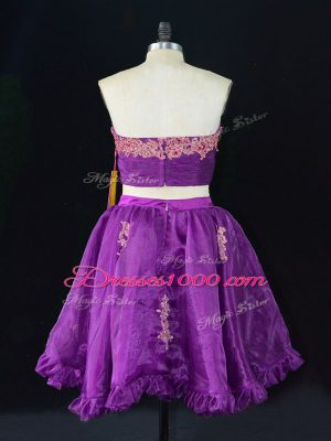 Designer Eggplant Purple Zipper Prom Gown Appliques and Ruffles Sleeveless Mini Length