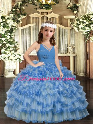 Floor Length Blue Little Girls Pageant Dress Wholesale V-neck Sleeveless Zipper