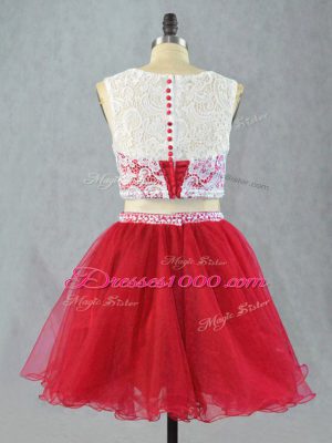 Mini Length Red Prom Dress Organza Sleeveless Lace and Appliques