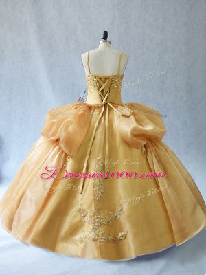 Appliques Ball Gown Prom Dress Gold Lace Up Sleeveless Floor Length