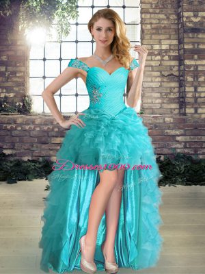 Affordable Aqua Blue Lace Up Off The Shoulder Beading and Ruffles Prom Evening Gown Organza Sleeveless