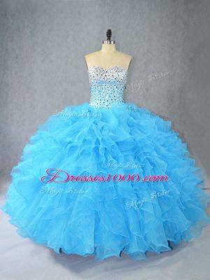 Free and Easy Aqua Blue Ball Gowns Organza Sweetheart Sleeveless Beading and Ruffles Floor Length Lace Up Quinceanera Gowns