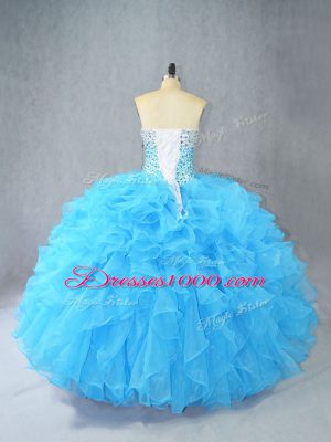 Free and Easy Aqua Blue Ball Gowns Organza Sweetheart Sleeveless Beading and Ruffles Floor Length Lace Up Quinceanera Gowns