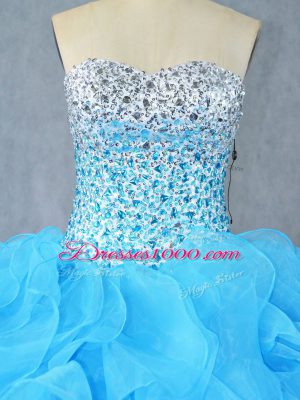 Free and Easy Aqua Blue Ball Gowns Organza Sweetheart Sleeveless Beading and Ruffles Floor Length Lace Up Quinceanera Gowns