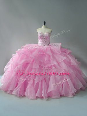 Baby Pink Ball Gowns Sweetheart Sleeveless Organza Lace Up Beading and Ruffles Sweet 16 Dresses