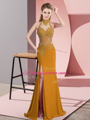 Cheap Gold Column/Sheath Lace and Appliques Homecoming Dress Backless Chiffon Sleeveless Floor Length