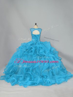 Inexpensive Aqua Blue Lace Up Quince Ball Gowns Beading and Ruffles Sleeveless Brush Train