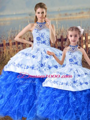 Floor Length Blue And White Ball Gown Prom Dress Halter Top Sleeveless Court Train Lace Up